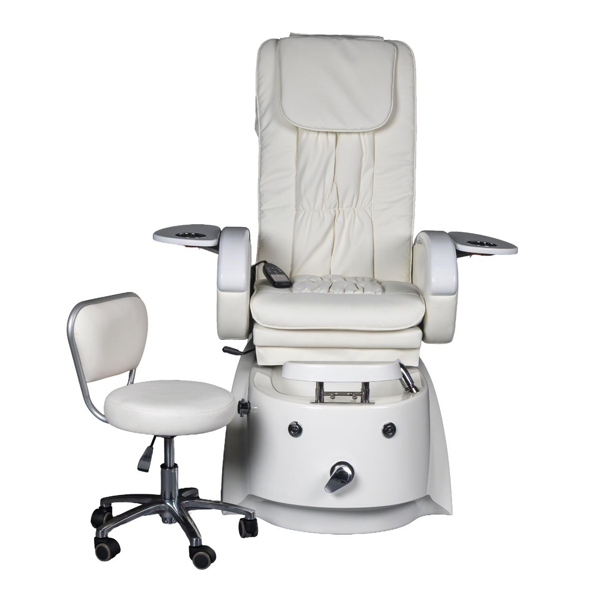 Front of A white massage pedicure chair with stool in white background