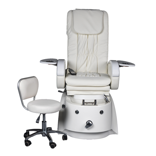 Front of A white massage pedicure chair with stool in white background