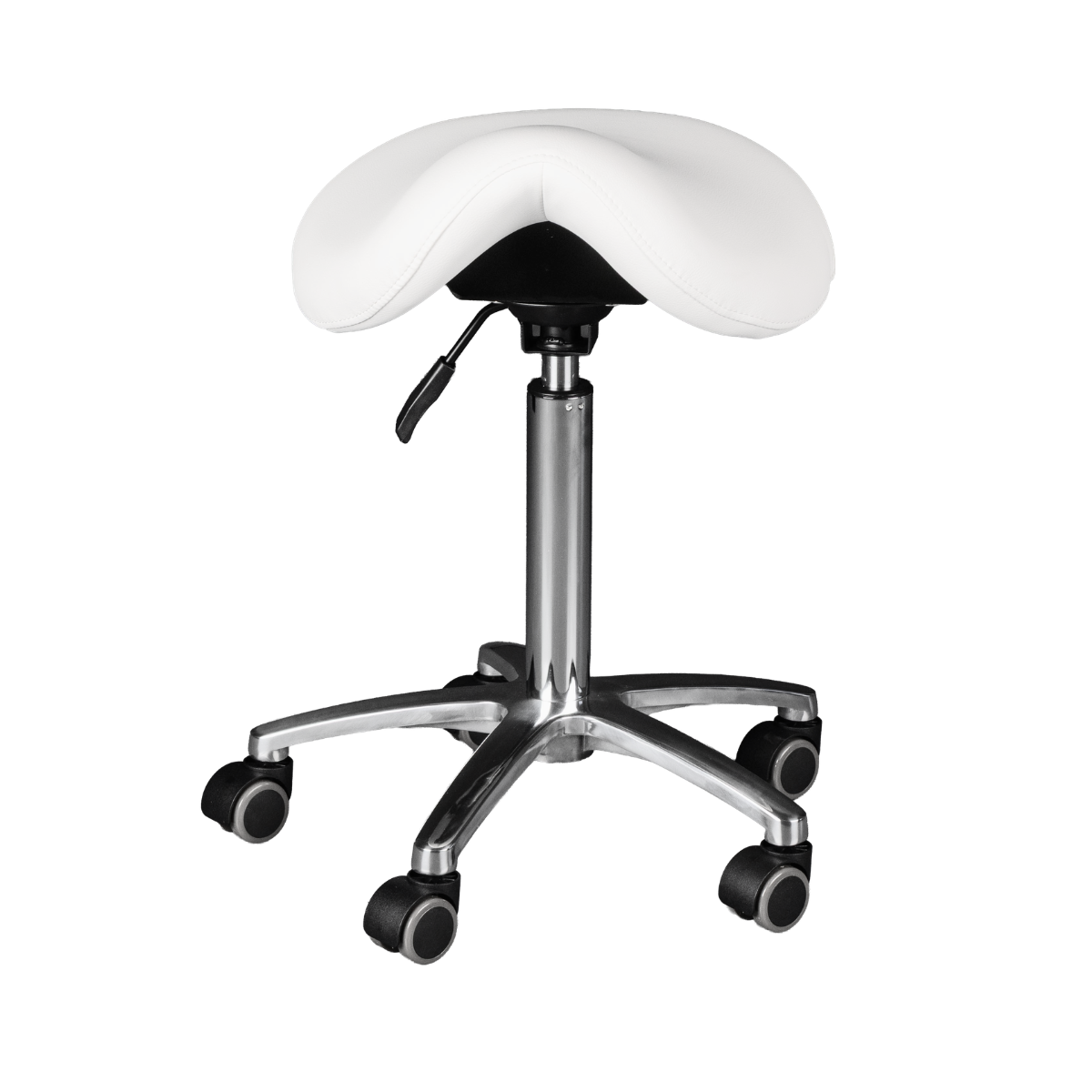 White saddle stool with black accents on a white background