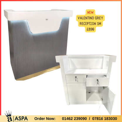 Gray reception desk with Valentina Grey finish, showing front and side views, on a white background.