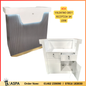 Gray reception desk with Valentina Grey finish, showing front and side views, on a white background.