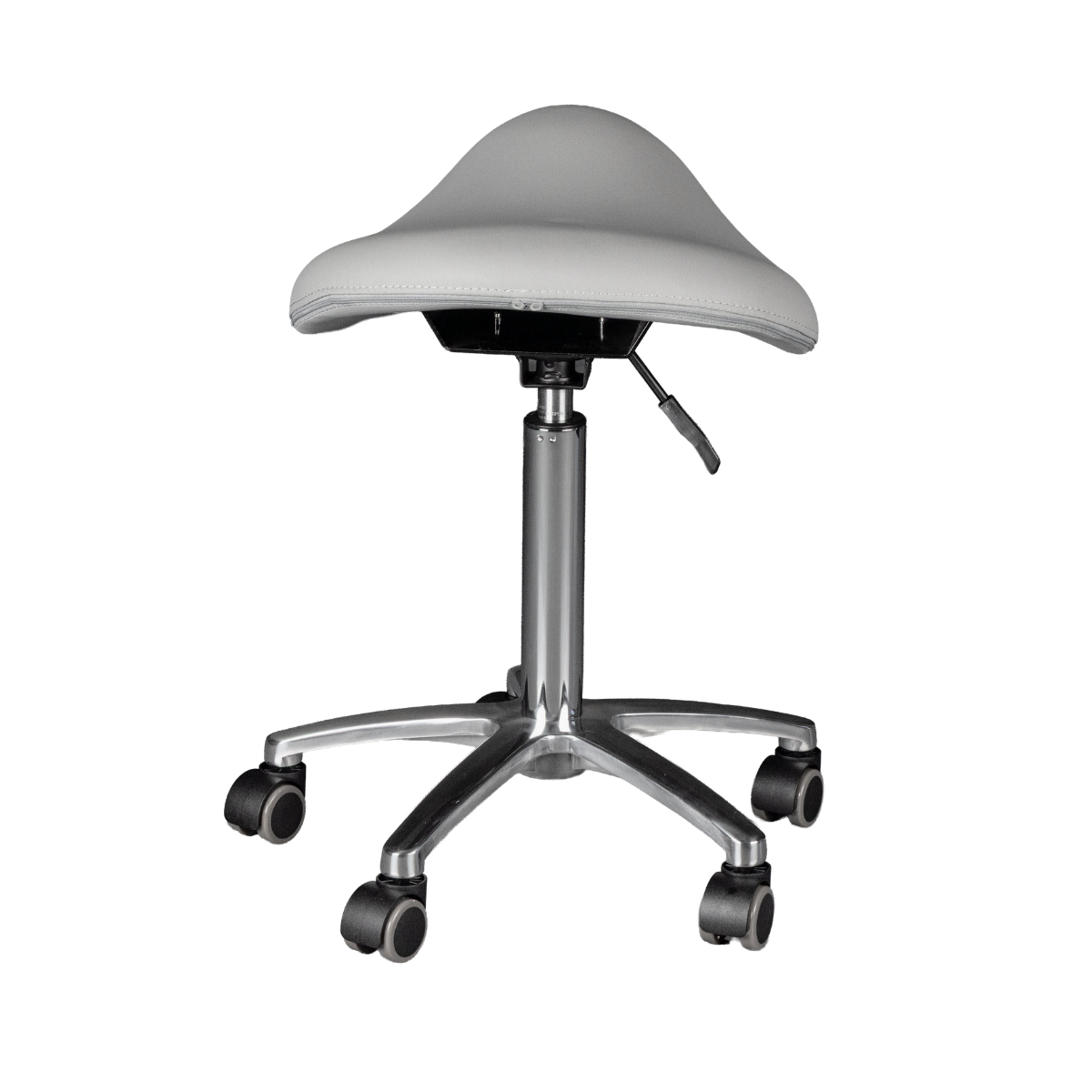 Gray saddle chair with wheels on a white background