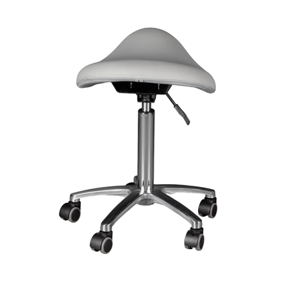 Gray saddle chair with wheels on a white background