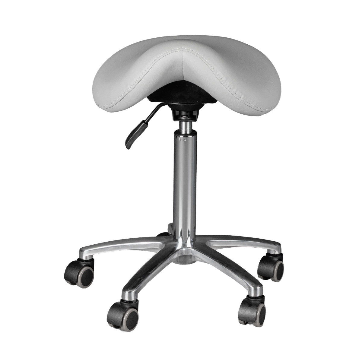 Saddle-style stool with wheels on a white background