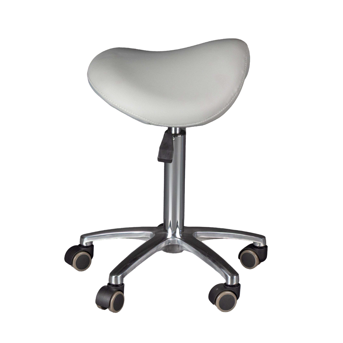 Saddle-style stool with wheels on a white background
