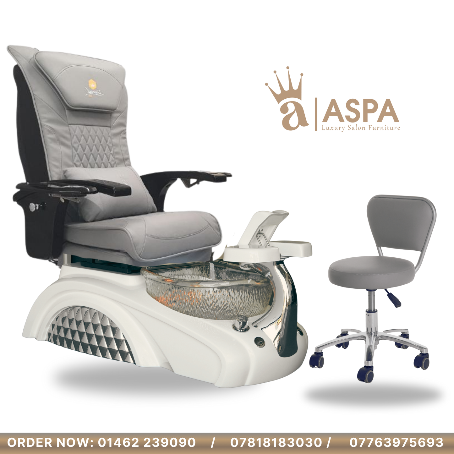 Grey Massage Pedicure chair and stool with ASPA logo on a white background