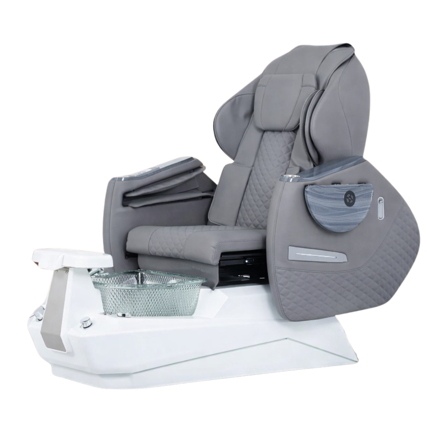 Grey full body massage pedicure chair autofill water function with foot basin on a white background