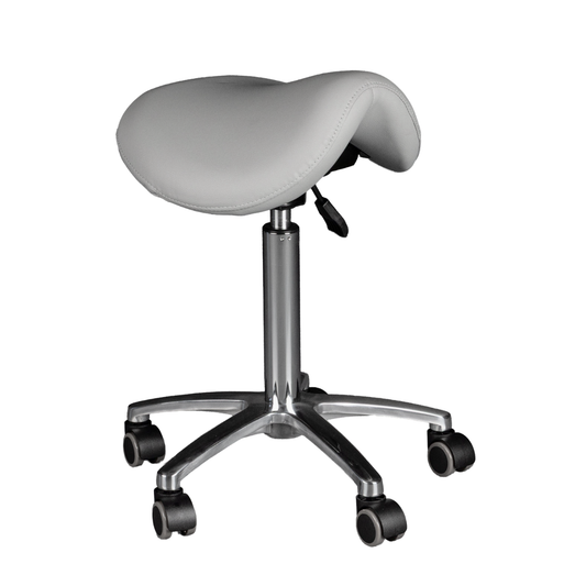 Grey leather saddle technician chair ergonomic
