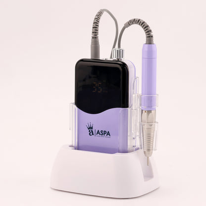 Purple Hybrid brushless nail drill ASPA device with a digital display on a white background
