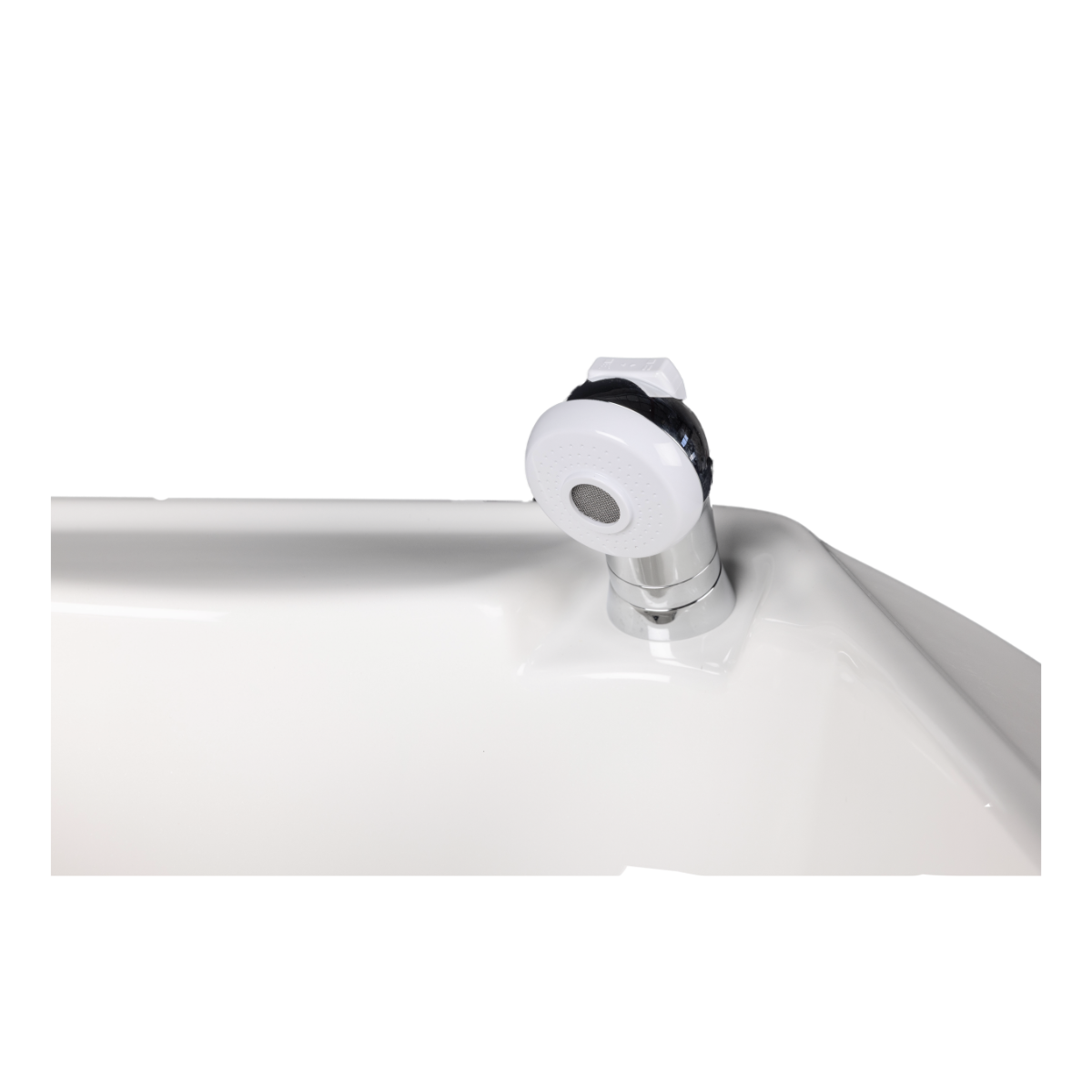 Metallic cylindrical component with a threaded fitting on a white background
