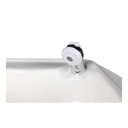 Metallic cylindrical component with a threaded fitting on a white background