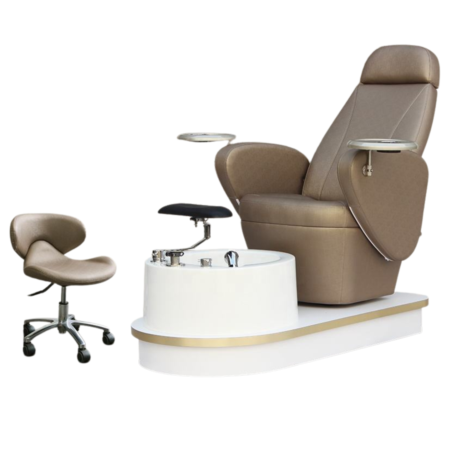 metallic gold pedicure chair with white base and small chair on a white background