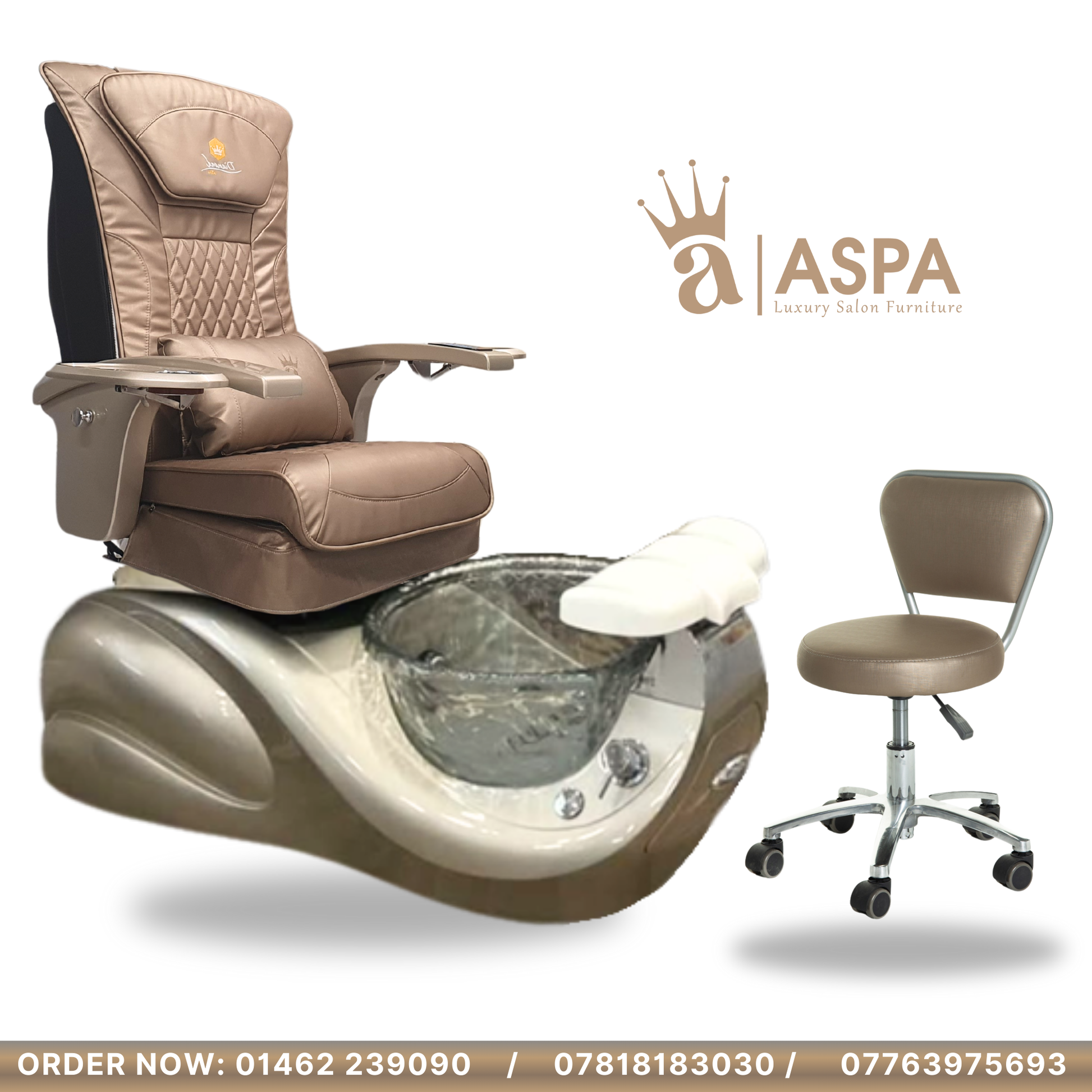 Nail salon furniture set with metallic gold leather pedicure chair and pedicure stool chair, featuring ASPA brand.