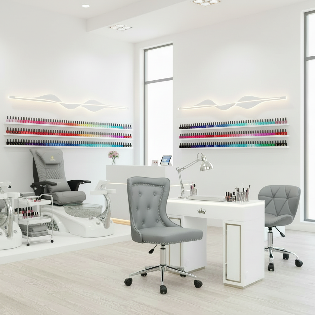 Modern salon interior with gray chairs, white desk, and colorful shelves.