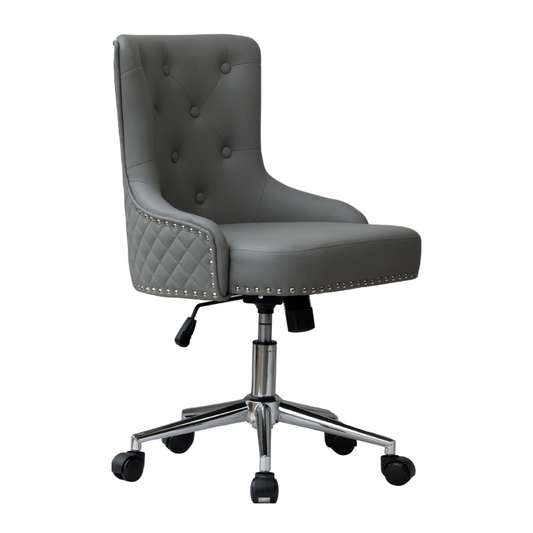 A gray upholstered customer chair with button tufting and a five-star base with casters.