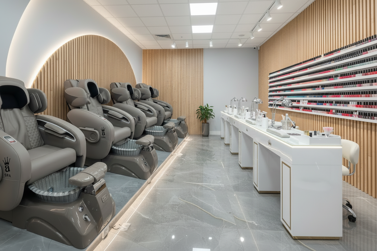 Modern nail salon with rows of pedicure chairs and a wall of nail polish bottles.