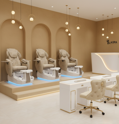 Modern nail salon interior with pedicure chairs and reception desk.