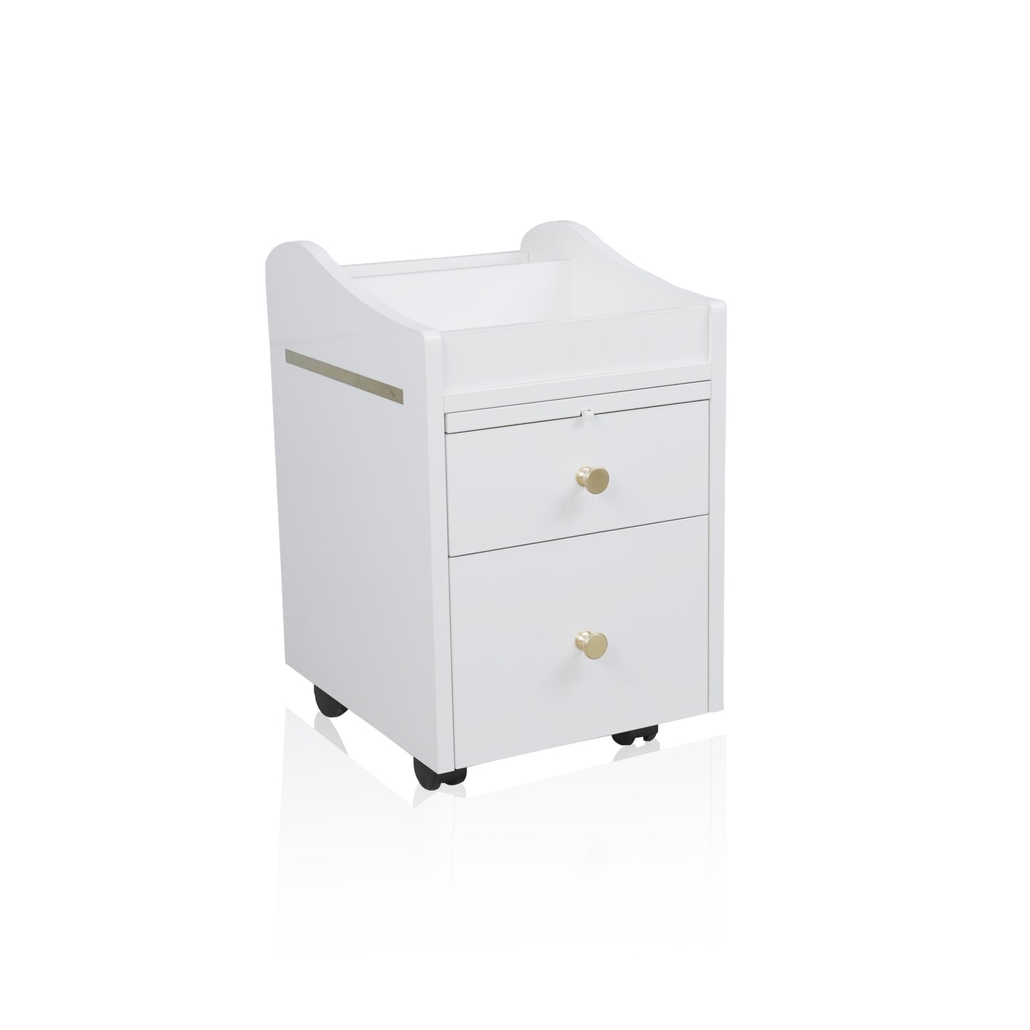 A side of a white and gold pedicure trolley with two drawers and a top shelf, equipped with wheels and gold handles.