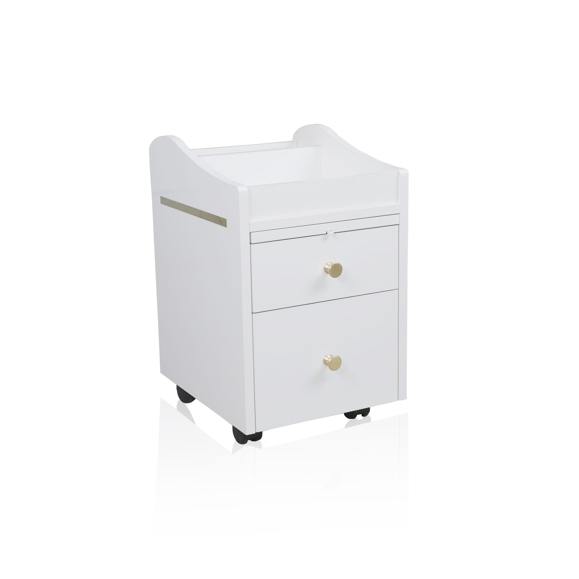 A side of a white and gold pedicure trolley with two drawers and a top shelf, equipped with wheels and gold handles.
