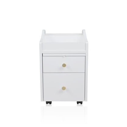 A white and gold pedicure trolley with two drawers and a top shelf, equipped with wheels and gold handles.