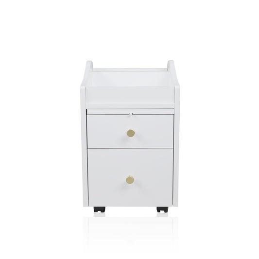 A white and gold pedicure trolley with two drawers and a top shelf, equipped with wheels and gold handles.
