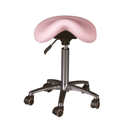 Pink saddle stool with wheels on a white background