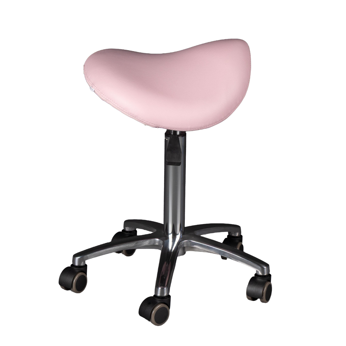 Pink saddle stool with wheels on a white background