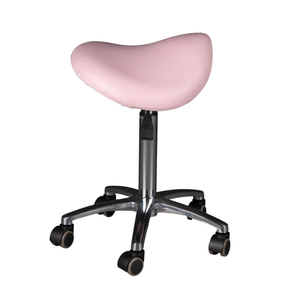 Pink saddle stool with wheels on a white background