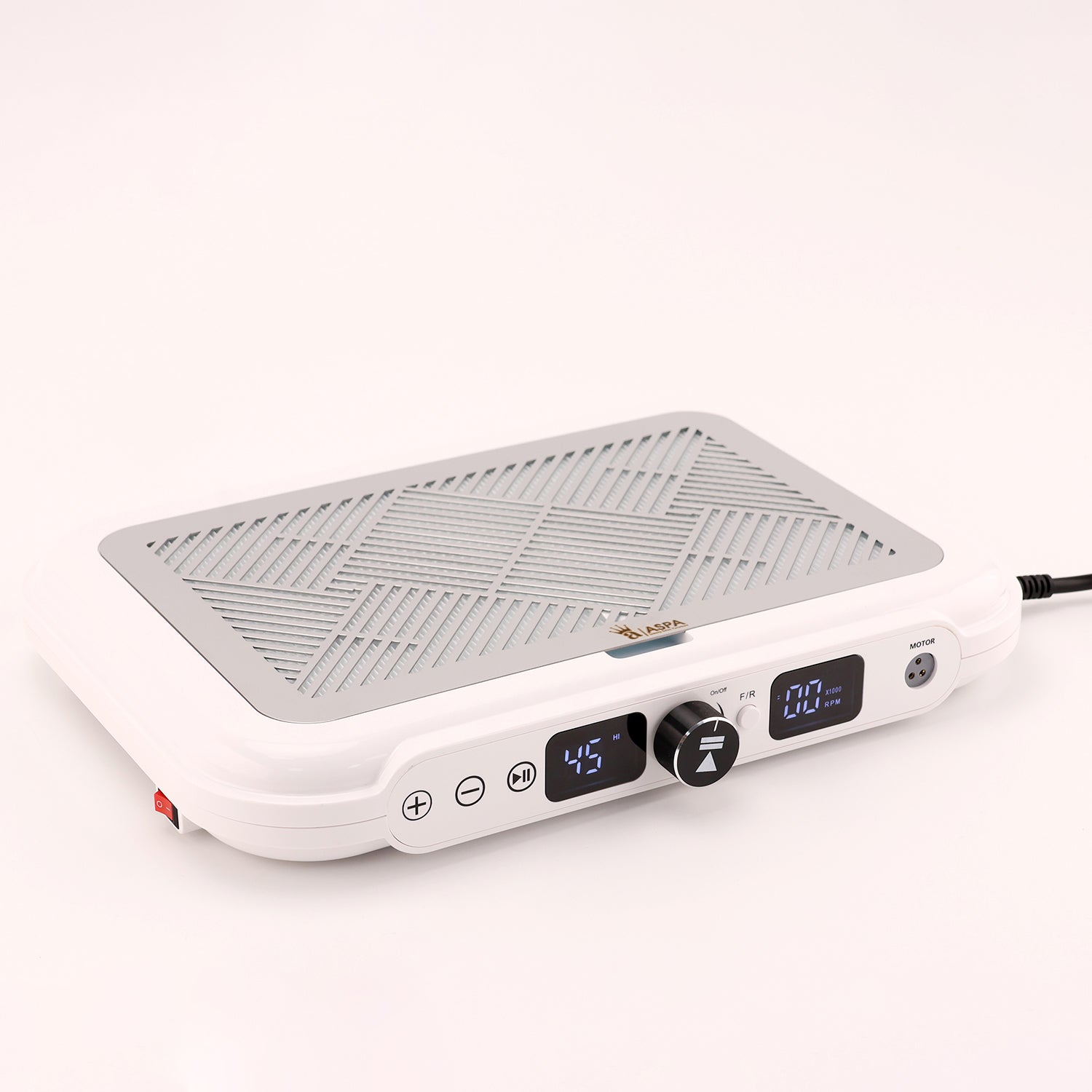 Portable nail fan electronic device with digital display and control buttons on a white background