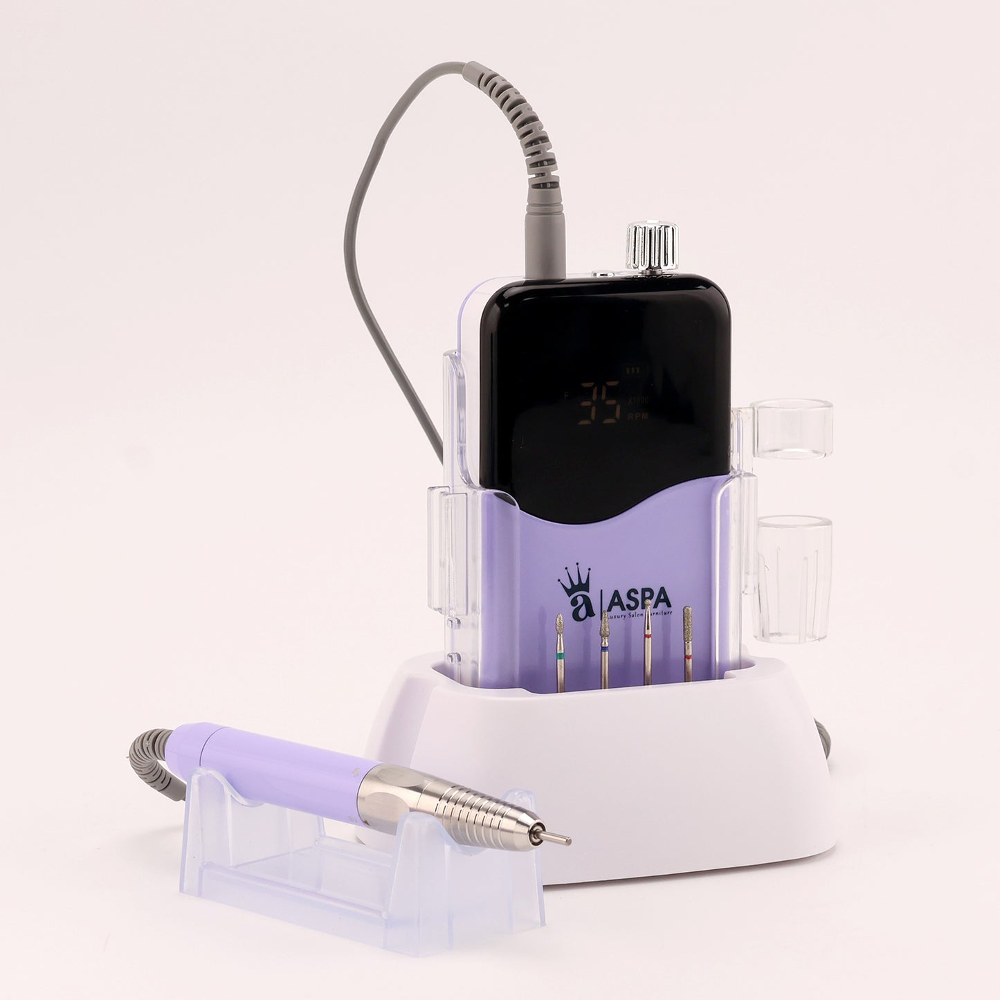 Purple Nail drill with attachments on a white background, featuring the ASPA logo.