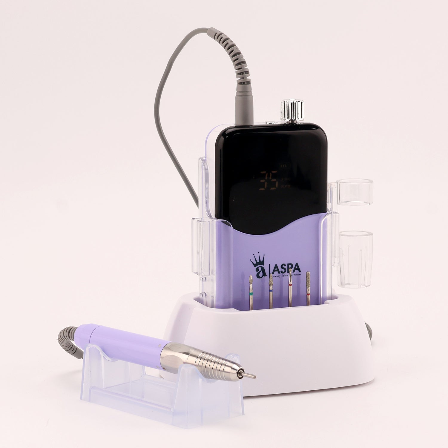 Purple Nail drill with attachments on a white background, featuring the ASPA logo.