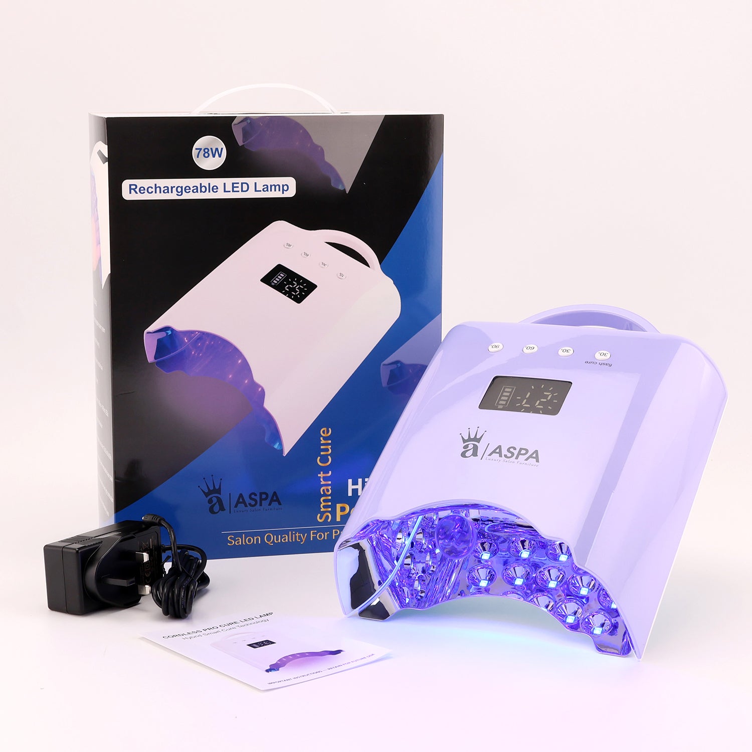 Rechargeable LED lamp with packaging and accessories on a white background