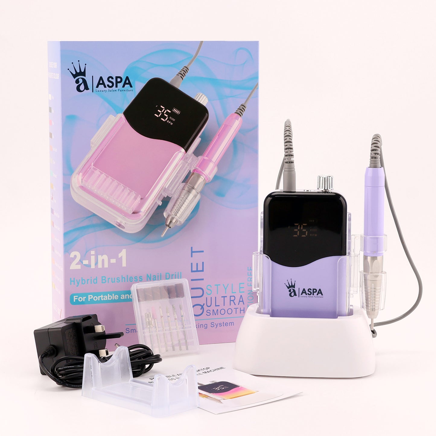 Purple and Pink ASPA nail drill set, hybrid brushless nail drill ultra smooth with power adapter and accessories on a white background