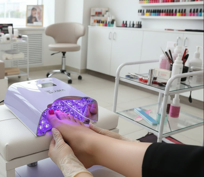 a nail technician is using this purple led gel lamp to dry her nail gel by herself
