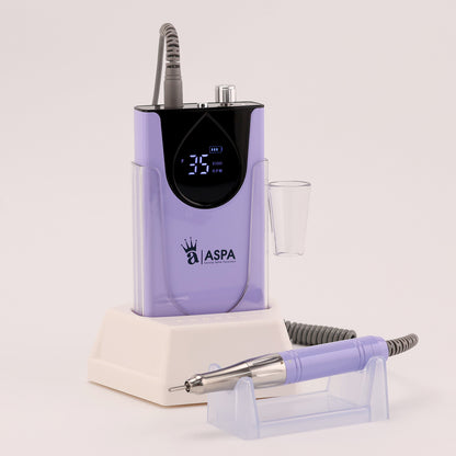 Purple hybrid coreless nail drill device with digital display and attachments on a white background