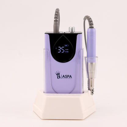 Purple hybrid coreless nail drill device with digital display and 'ASPA' branding on a white background