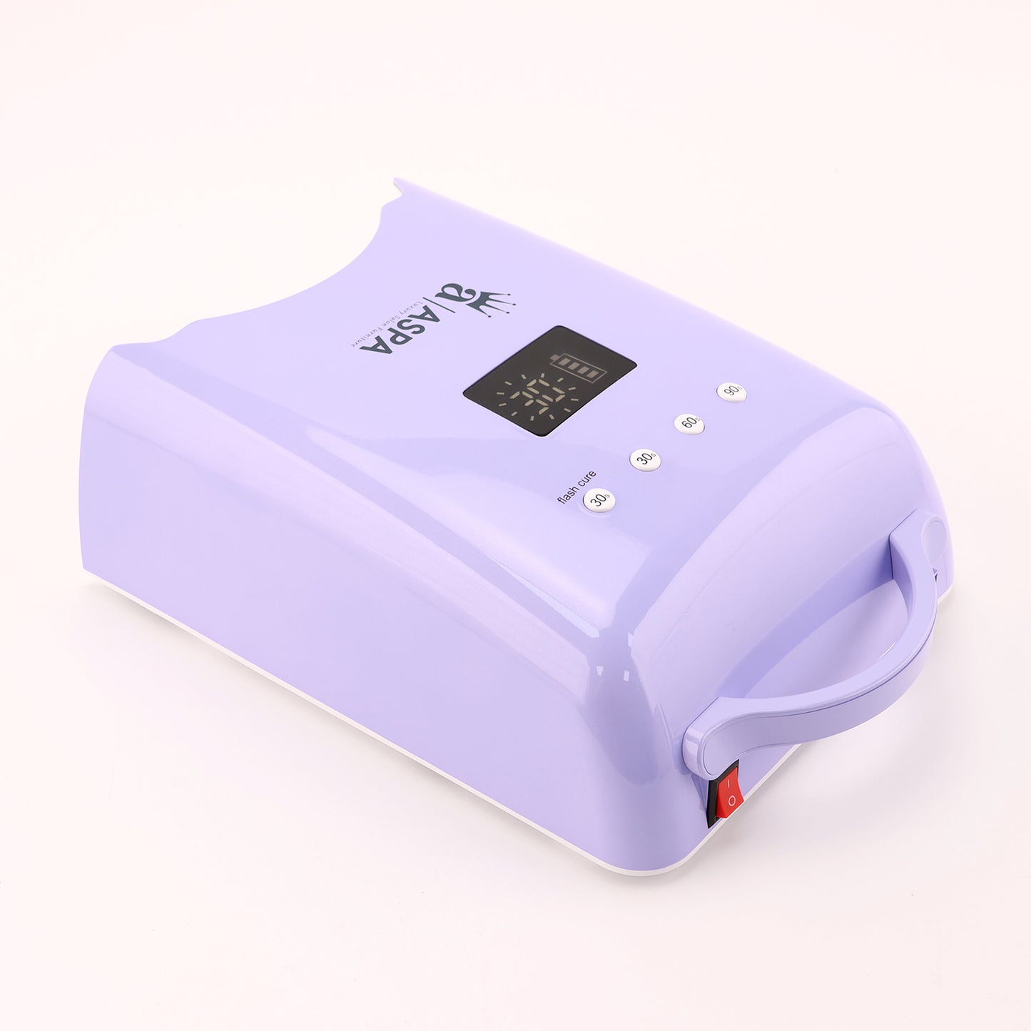 Purple nail dryer with digital display on a white background with hand hold and on off button