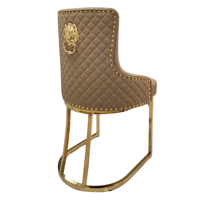 Quilted brown bar stool with gold accents on a white background