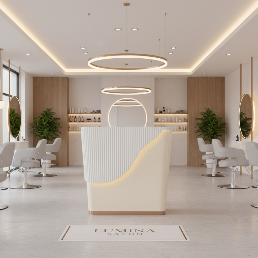 White and beige lamp with a ribbed texture on a white background