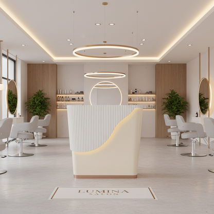 White and beige lamp with a ribbed texture on a white background