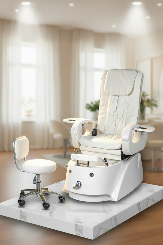 White pedicure chair with foot basin and control panel on a white background