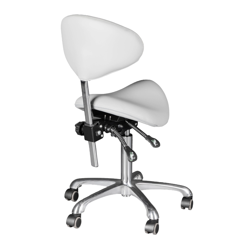 White saddle-style office chair with adjustable backrest on a white background