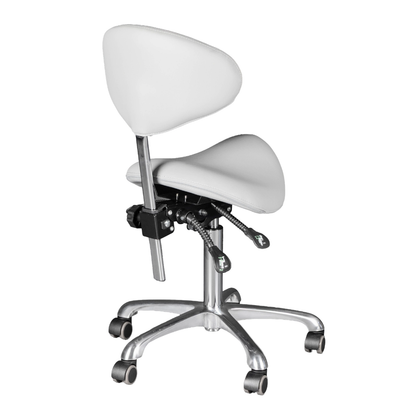 White saddle-style office chair with adjustable backrest on a white background