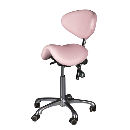 Pink saddle chair with adjustable backrest on a white background