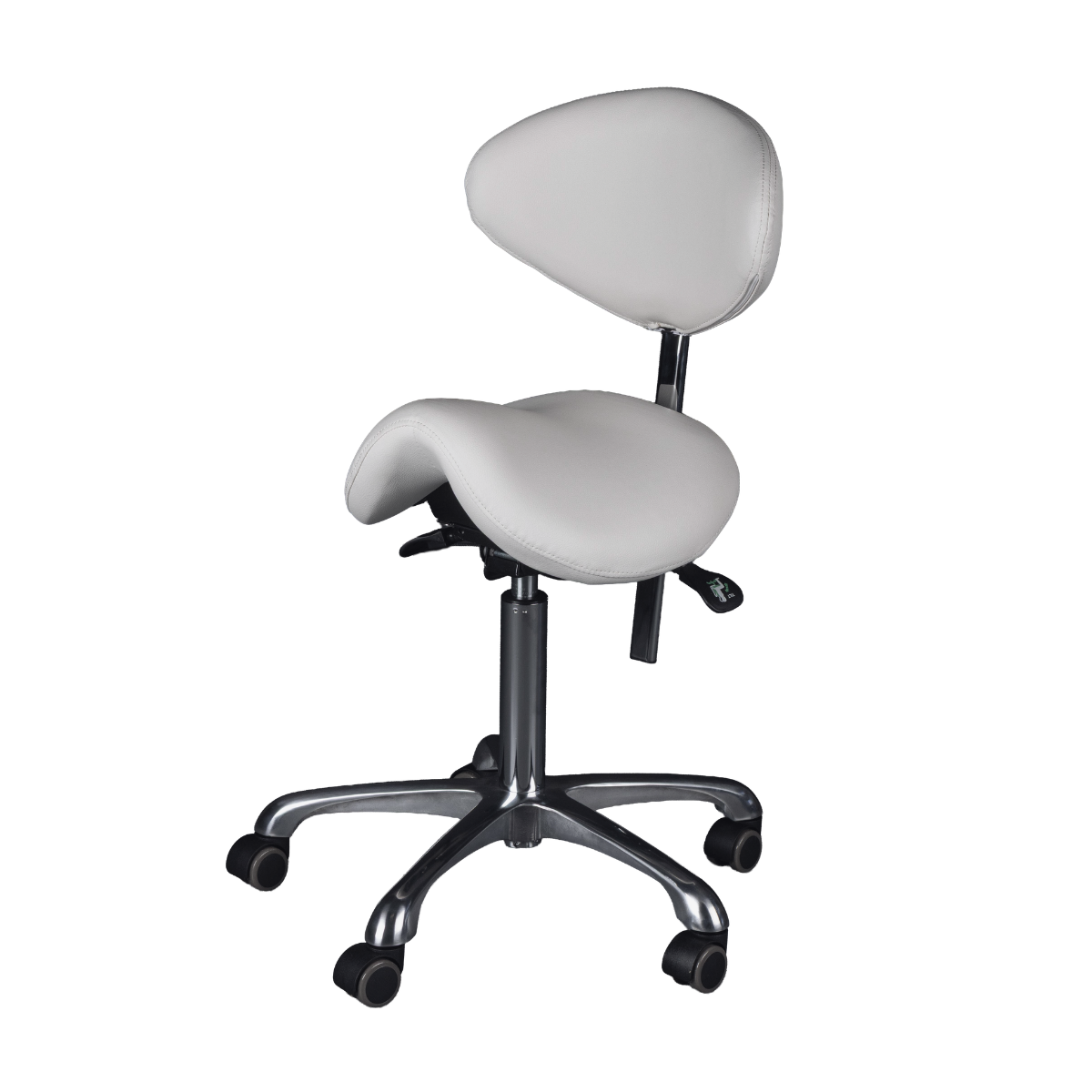 White saddle stool with adjustable backrest on a white background
