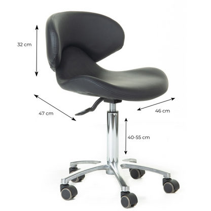 Saddle chair with dimensions indicated on a white background
