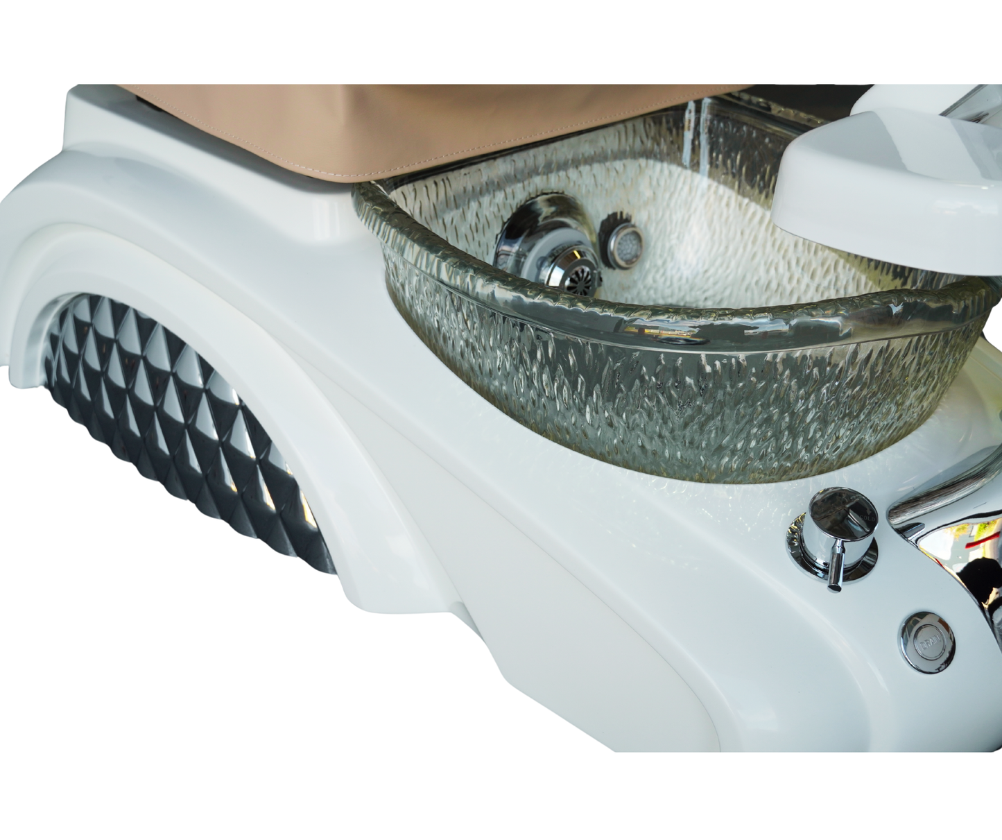 Close-up of a white pedicure spa base with a clear shatter-resistant resin basin