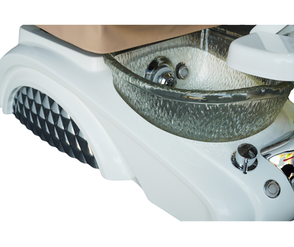 Close-up of a white pedicure spa base with a clear shatter-resistant resin basin