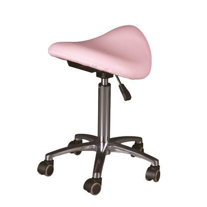 Pink saddle-style stool with wheels on a white background