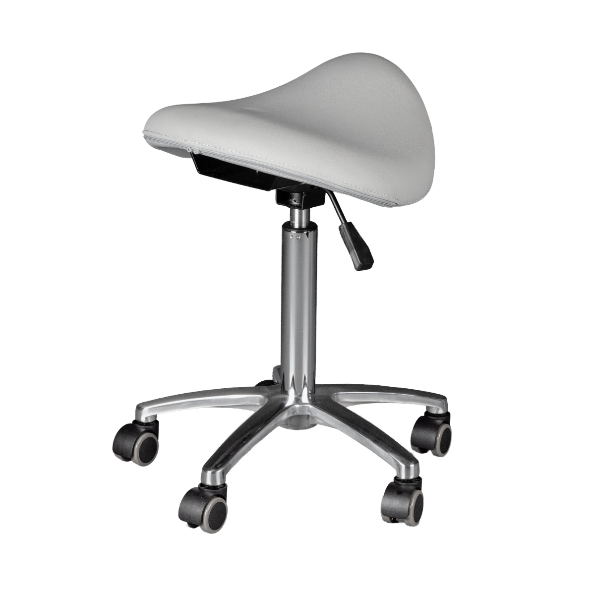 Saddle-style stool with wheels on a white background